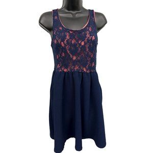 Xhilaration Blue Pink Lace Sleeveless Sun Dress Medium Pockets